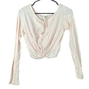 Express Womens Blouse Pink Cropped Twist Front Long Sleeve Round Neck Sheer S
